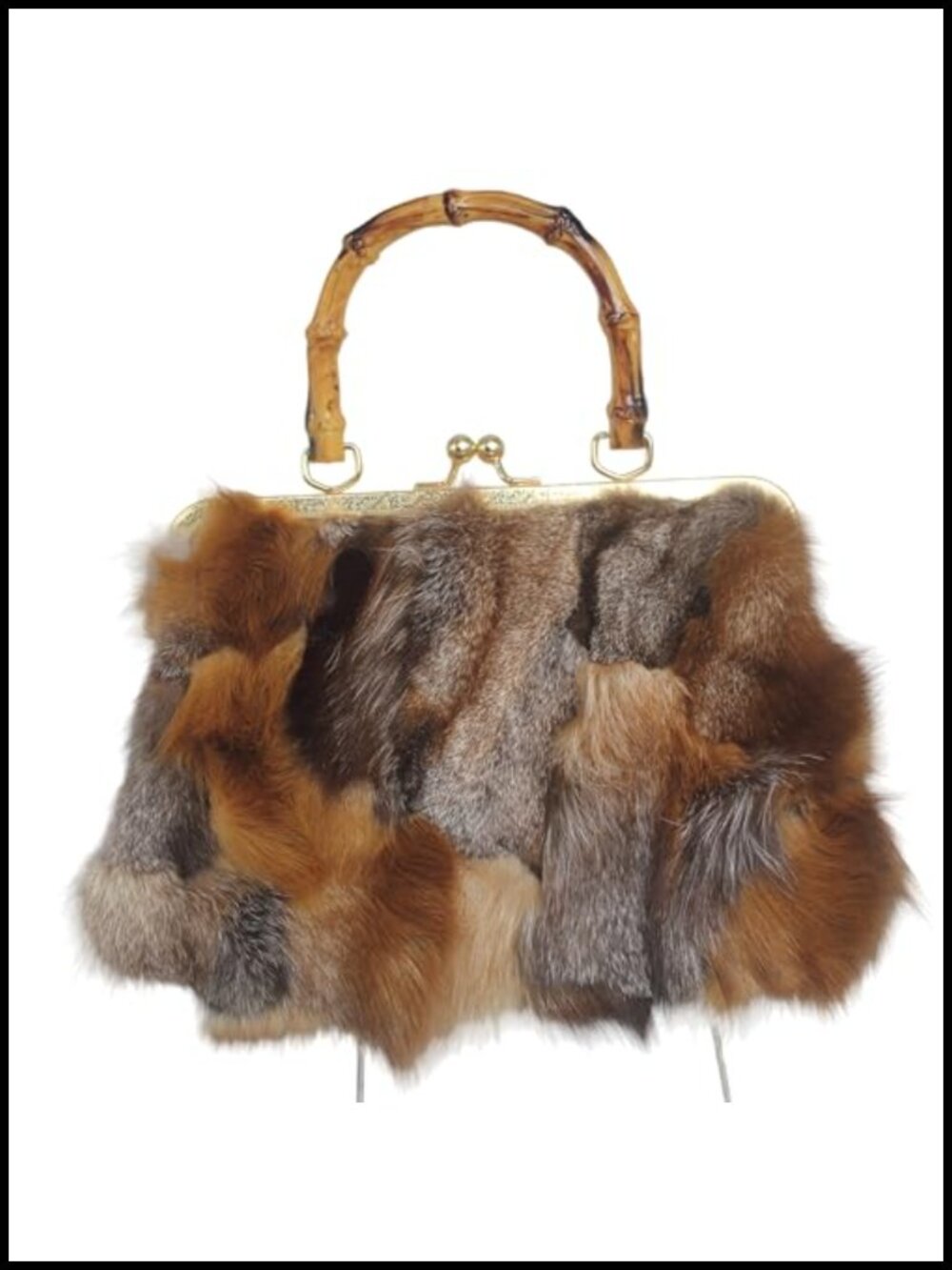 Real Fox Fur Kisslock Handbag Vintage Bamboo Handle Shoulder Bag